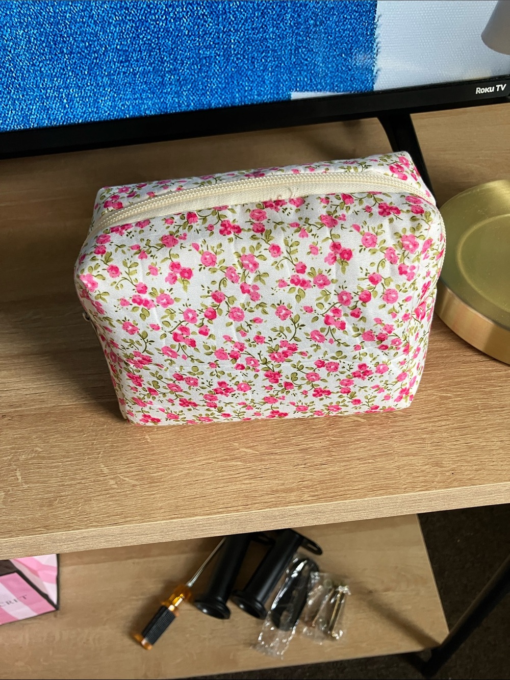 Floral Pink Canvas Cosmetic Pouch - Quilted Travel Bag